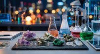 Laboratory glassware with colorful chemical solutions and mineral specimens on dark surface with bokeh city lights background for scientific research.
