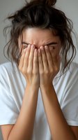 Young woman with messy dark hair covering face with hands showing emotional distress and anxiety against light background, wearing casual white t-shirt.