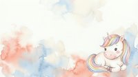 Cute cartoon unicorn with rainbow mane sitting on pastel watercolor clouds background in soft pink and blue tones for children designs.