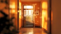 Warm sunlit corridor with glass door entrance, creating a welcoming atmosphere in residential or office building hallway.