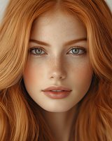 Close up portrait of young woman with natural freckles, ginger hair and green eyes looking directly at camera. Soft natural makeup and glowing skin.
