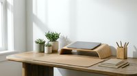 Modern minimalist wooden desk setup with laptop stand, plants and office supplies in bright natural light workspace for productivity and remote work.