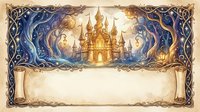 Fantasy castle with ornate golden frame and magical swirls, blank scroll banner for text, fairy tale kingdom illustration for storybook covers and designs.