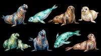 Watercolor seals and sea lions clipart set, isolated on transparent background. Eight poses for stickers, t-shirt design, print on demand, and sublimation projects.
