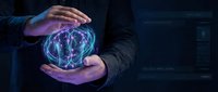 Businessman hands protecting glowing digital brain with neural networks on dark technology background for AI and machine learning concepts.