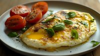 Sunny side up fried egg with fresh basil leaves and halved cherry tomatoes on gray ceramic plate, close up view in natural lighting, soft yolk breakfast.
