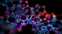 Glowing molecular structure with neon blue and pink colors on dark background shows chemical bonds and atoms in scientific visualization. For research presentation.