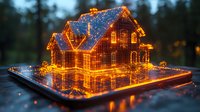 Glowing orange wireframe model of modern house with illuminated outline and structural details against dark background creates magical architectural visualization.