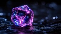 Glowing geometric crystal with purple and blue luminescence on dark wet surface creates magical atmosphere and mystical mood for fantasy designs.