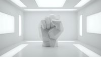 Raised fist statue in minimalist white gallery space symbolizing strength, unity, and empowerment for protest, activism, and social justice concepts.
