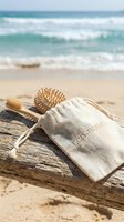 Eco-friendly bamboo hair brushes and toothbrush in linen bag on driftwood at beach. Zero waste sustainable personal care travel kit for natural lifestyle.
