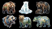 Grizzly bear, polar bear, and black bear illustrations isolated on transparent background, ready for t-shirt design, clipart, stickers, sublimation, and print-on-demand products.