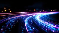 Glowing curved light trails with blue and purple neon streaks against dark background create futuristic motion effect for technology concepts.