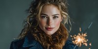 Young blonde woman with curly hair wearing winter coat with fur collar holding sparkler during holiday celebration against dark background.