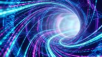 Abstract digital tunnel with swirling neon lines in blue, purple, and cyan creating a vortex effect. Futuristic technology background for digital transformation, innovation, and sci-fi concepts.
