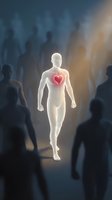 Glowing human figure with red heart symbol walking among crowd silhouettes representing compassion, empathy and emotional connection in healthcare concept.