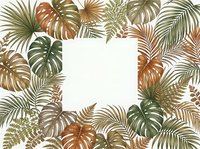 Tropical leaves frame with monstera, palm fronds and ferns in autumn colors. Copy space for text on white background ready for design projects.