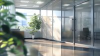 Modern bright office corridor with glass walls, green plants and natural sunlight creating professional atmosphere. Minimalist corporate interior design.