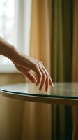 Woman's hand with silver ring gently touching glass table surface in warm interior with golden curtains and soft natural light.