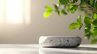 Minimalist zen composition with smooth gray stone and fresh green leaves against soft beige background. Natural sunlight creates gentle shadows for spa and wellness concept.