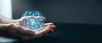 Hand holding glowing digital sphere with question marks and gears, representing problem solving, innovation, and technology solutions for business and corporate applications.