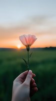 Single white flower held up against golden sunset sky, silhouetted mountains and green meadow background, hand gently holding delicate stem in peaceful nature moment.