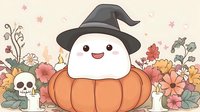 Cute ghost in witch hat sitting on orange pumpkin surrounded by autumn flowers, candles and skull. Halloween kawaii cartoon illustration on beige background.