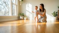 Young mother with baby sitting on wooden floor in bright living room with large windows and natural sunlight streaming in.