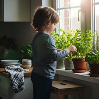 Young child tending to potted herbs on kitchen windowsill in cozy home interior with natural sunlight streaming through window creating warm atmosphere.