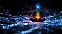 Silhouette of person meditating with glowing chakra energy points, spiritual enlightenment concept on dark background with bokeh light effects and reflections.