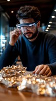 Young Middle Eastern man in protective eyewear examining golden materials on laboratory table, wearing navy sweater in modern industrial setting with bokeh lighting.