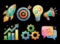 Watercolor business icon set with rocket, target, light bulb, megaphone, growth chart, gears, and chat bubble, isolated on transparent background, ready for stickers, clipart, and print on demand.