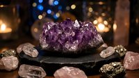 Purple amethyst crystal cluster surrounded by healing stones and candles creating mystical spiritual atmosphere for meditation and energy work practices.