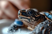 Close-up macro shot of baby turtle head showing detailed scales and eye texture against blurred background, captured with shallow depth of field for nature photography.
