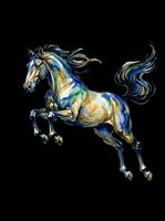 Majestic horse with flowing mane and tail in blue, gold, and cream tones, isolated on transparent background. Ready for t-shirts, clipart, stickers, sublimation, and print-on-demand designs.