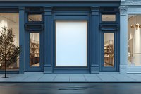 Classic blue storefront with large blank display window and ornate molding details, illuminated interior spaces and decorative tree create inviting retail atmosphere.