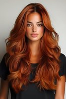 Young woman with vibrant copper red wavy hair styled in voluminous layers wearing black top against neutral background, showcasing modern hair coloring trends.