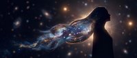 Woman silhouette with flowing cosmic hair featuring galaxies and stars against deep space background for spiritual and fantasy concepts.