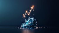 Glowing geometric arrow trending upward with digital blockchain network structure on dark background, representing financial growth and technology advancement.