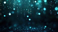 Magical turquoise bokeh lights floating in dark space with glowing particles and sparkles create dreamy atmospheric background for festive designs.
