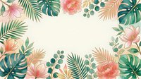 Watercolor tropical floral frame with pink blooms, monstera and palm leaves on cream background, copy space for text.