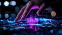 Futuristic digital technology concept with hand touching glowing purple interface, circuit board reflection and bokeh lights in dark background.