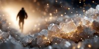 Silhouette of person walking through mystical landscape with glowing ice crystals and golden bokeh lights creating magical winter atmosphere for fantasy concepts.