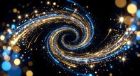 Golden spiral galaxy with glowing particles and bokeh lights creating cosmic energy vortex on dark background for digital art and space themed designs.