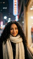 Young mixed-race woman with curly hair wearing knit scarf smiling in snowy city street at night with colorful neon lights and bokeh background.
