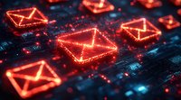 Glowing red email icons on digital circuit background with particles and light effects, representing digital communication and messaging technology.