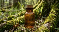 Amber glass bottle with cork stopper nestled among green ferns and moss on forest floor. Natural herbal medicine, essential oils, aromatherapy concept.