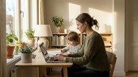 Young Caucasian woman and small child working together at desk with laptop in bright home office space with natural window light and plants.
