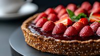 Fresh strawberry chocolate tart with crispy nutty crust on dark plate, selective focus. Homemade gourmet dessert with rich ganache filling and fresh berries.