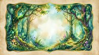Enchanted forest frame with glowing trees, mushrooms, and wildflowers in soft watercolor tones, perfect for fairy tale cards and invitations.